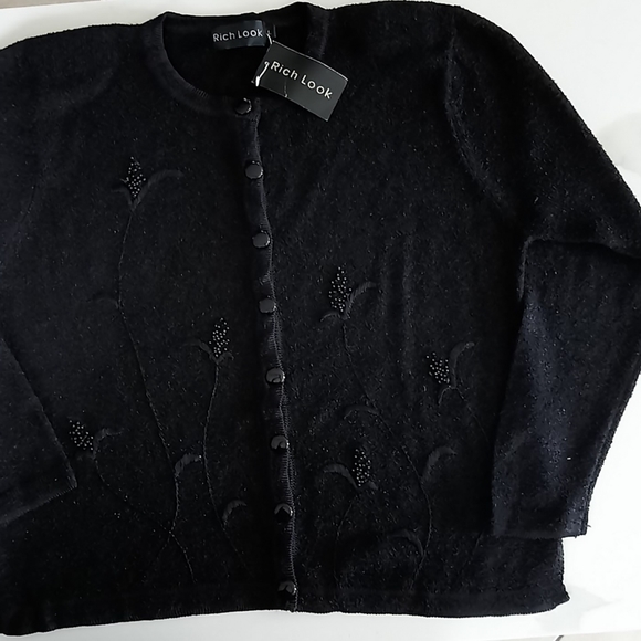 Black botton down sweater with embroidery and beading. - Picture 2 of 4